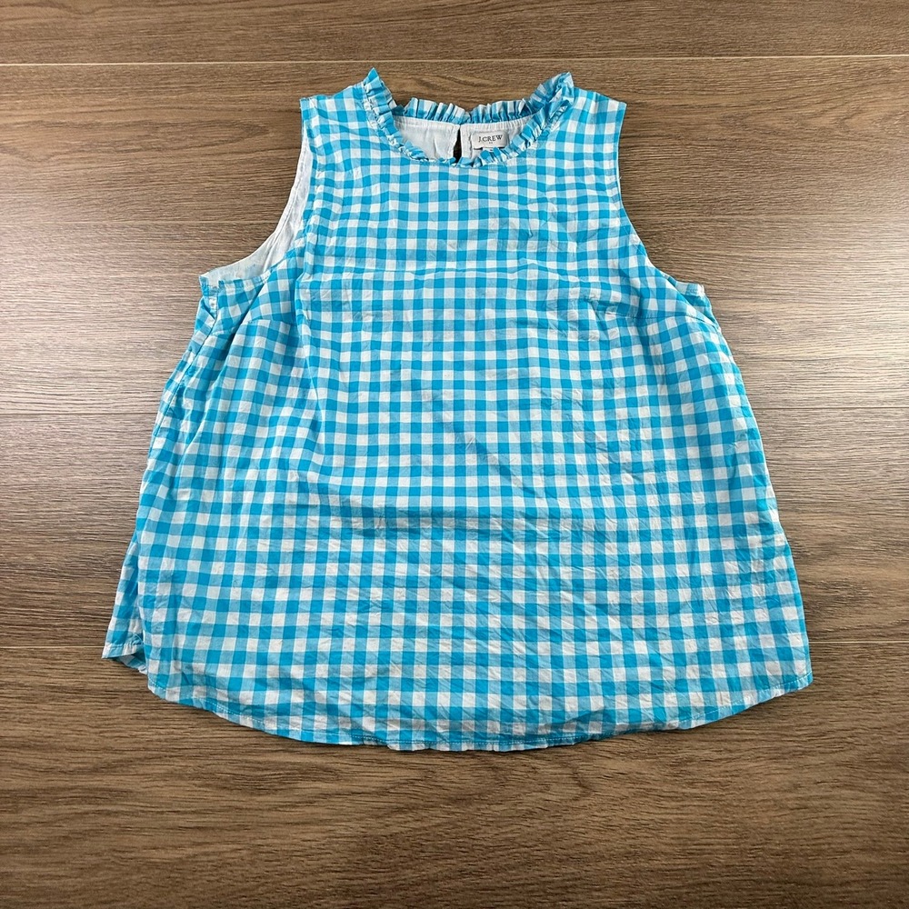 J. Crew Factory Women's Ruffle Neck Gingham Sleeveless Blouse Teal White Size S - Picture 4 of 11